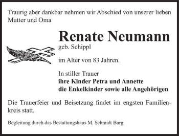 Traueranzeige von Renate Neumann (geb. Schippl)  von Magdeburger Volksstimme