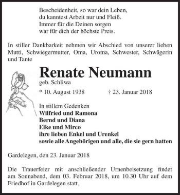 Traueranzeige von Renate Neumann (geb. Schliwa)  von Magdeburger Volksstimme