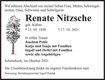 Traueranzeige von Renate Nitzsche (geb. Kühne)  von Magdeburger Volksstimme