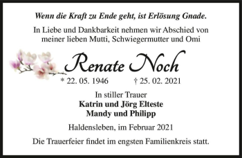 Traueranzeige von Renate Noch  von Magdeburger Volksstimme