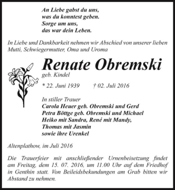 Traueranzeige von Renate Obremski (geb. Kindel)  von Magdeburger Volksstimme