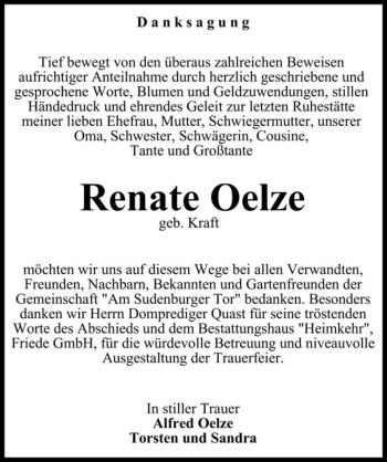 Traueranzeige von Renate Oelze (geb. Kraft)  von Magdeburger Volksstimme