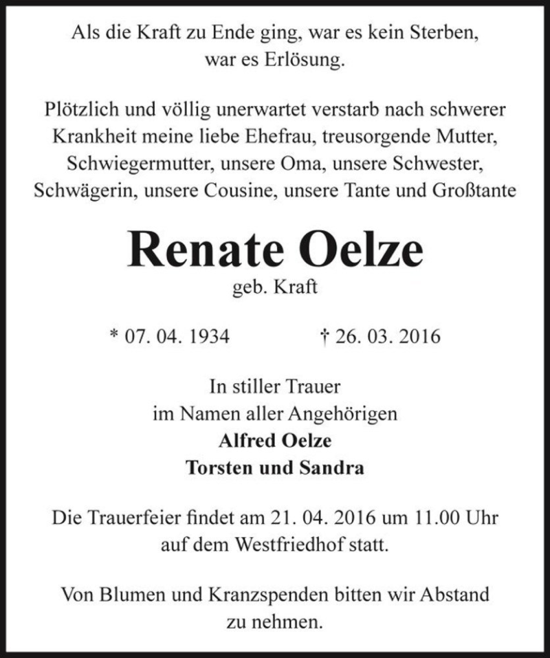  Traueranzeige für Renate Oelze (geb. Kraft)  vom 02.04.2016 aus Magdeburger Volksstimme