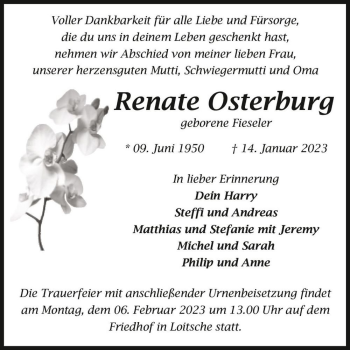 Traueranzeige von Renate Osterburg (geb. Fieseler)  von Magdeburger Volksstimme