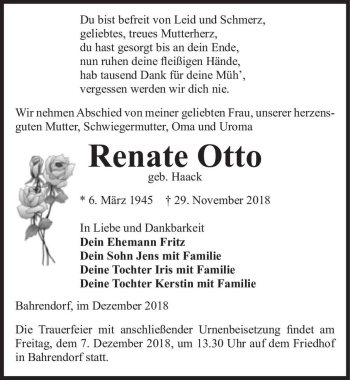 Traueranzeige von Renate Otto (geb. Haack)  von Magdeburger Volksstimme