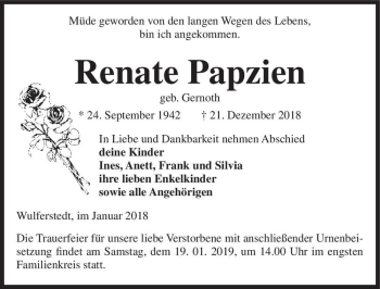 Traueranzeige von Renate Papzien (geb. Gernoth)  von Magdeburger Volksstimme
