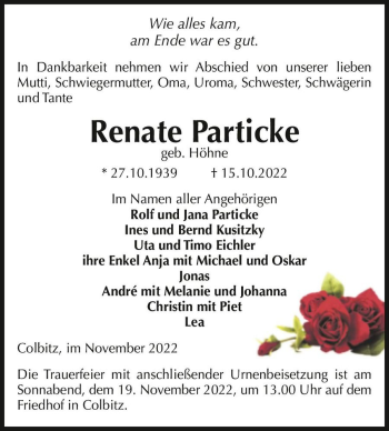 Traueranzeige von Renate Particke (geb. Höhne)  von Magdeburger Volksstimme