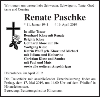 Traueranzeige von Renate Paschke  von Magdeburger Volksstimme
