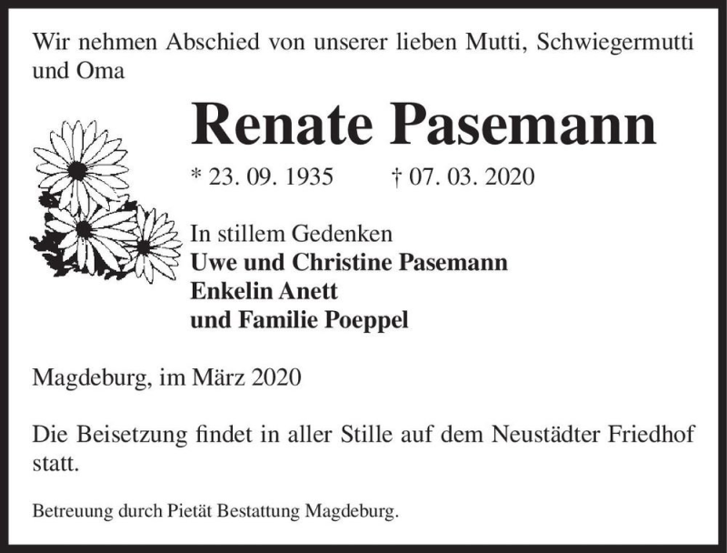  Traueranzeige für Renate Pasemann  vom 14.03.2020 aus Magdeburger Volksstimme