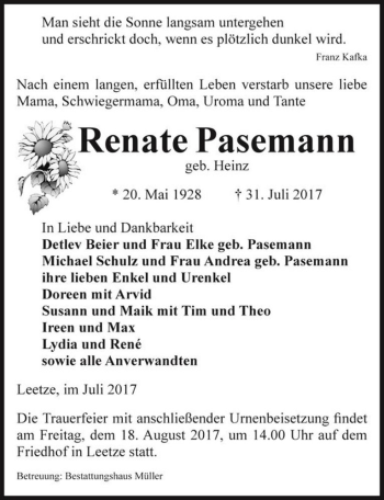 Traueranzeige von Renate Pasemann (geb. Heinz)  von Magdeburger Volksstimme