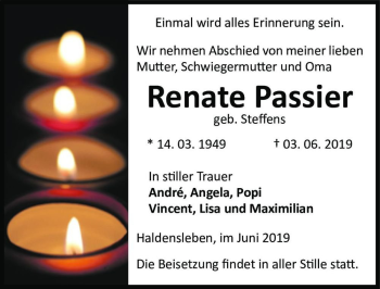 Traueranzeige von Renate Passier (geb. Steffens)  von Magdeburger Volksstimme