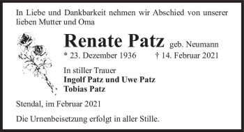 Traueranzeige von Renate Patz (geb. Neumann)  von Magdeburger Volksstimme
