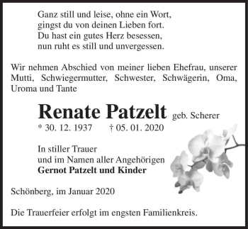 Traueranzeige von Renate Patzelt (geb. Scherer)  von Magdeburger Volksstimme