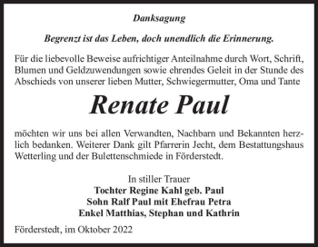 Traueranzeige von Renate Paul  von Magdeburger Volksstimme