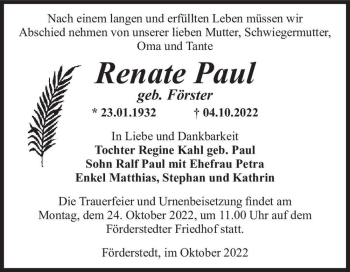 Traueranzeige von Renate Paul (geb. Förster)  von Magdeburger Volksstimme