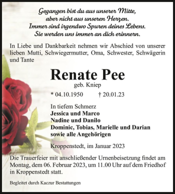 Traueranzeige von Renate Pee (geb. Kniep)  von Magdeburger Volksstimme