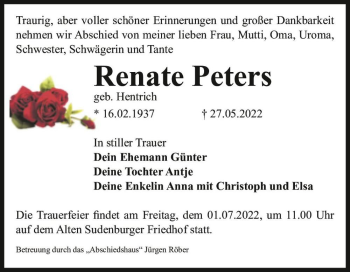 Traueranzeige von Renate Peters (geb. Hentrich)  von Magdeburger Volksstimme