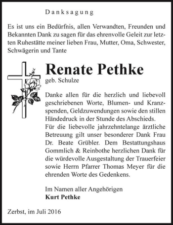 Traueranzeige von Renate Pethke (geb. Schulze)  von Magdeburger Volksstimme