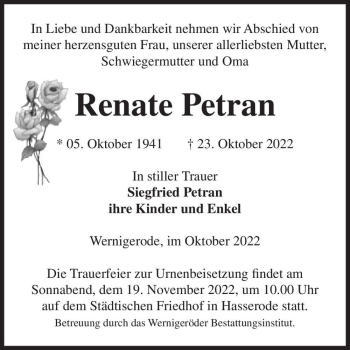 Traueranzeige von Renate Petran  von Magdeburger Volksstimme