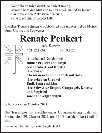 Traueranzeige von Renate Peukert (geb. Knocke)  von Magdeburger Volksstimme