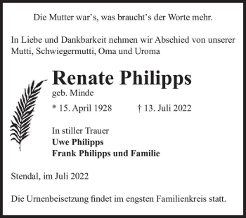 Traueranzeige von Renate Philipps (geb. Minde)  von Magdeburger Volksstimme
