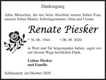 Traueranzeige von Renate Piesker  von Magdeburger Volksstimme