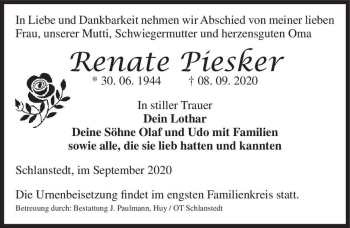 Traueranzeige von Renate Piesker  von Magdeburger Volksstimme