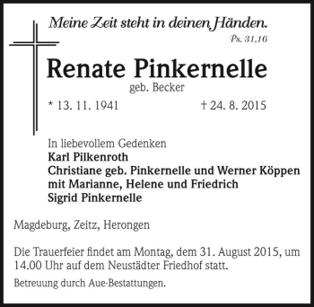 Traueranzeige von Renate Pinkernelle (geb. Becker)  von Magdeburger Volksstimme