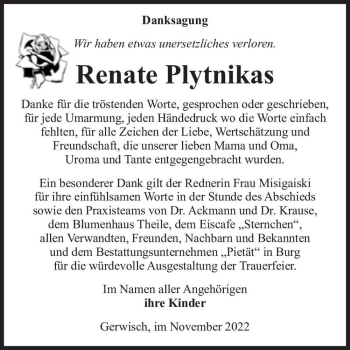 Traueranzeige von Renate Plytnikas  von Magdeburger Volksstimme