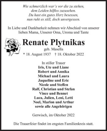 Traueranzeige von Renate Plytnikas (geb. Masella)  von Magdeburger Volksstimme