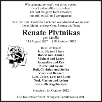 Traueranzeige von Renate Plytnikas (geb. Masella)  von Magdeburger Volksstimme