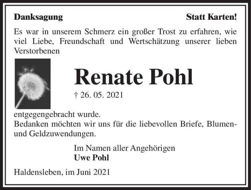 Traueranzeige für Renate Pohl  vom 26.06.2021 aus Magdeburger Volksstimme