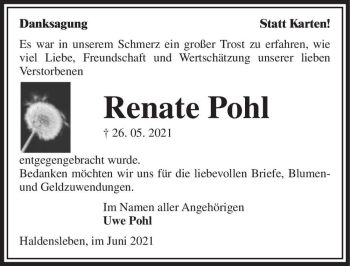 Traueranzeige von Renate Pohl  von Magdeburger Volksstimme
