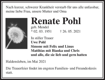 Traueranzeige von Renate Pohl (geb. Mendel)  von Magdeburger Volksstimme