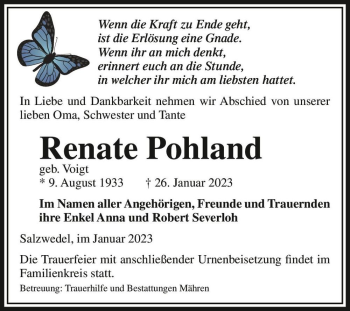 Traueranzeige von Renate Pohland (geb. Voigt)  von Magdeburger Volksstimme