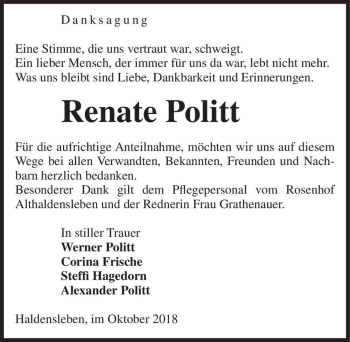 Traueranzeige von Renate Politt  von Magdeburger Volksstimme