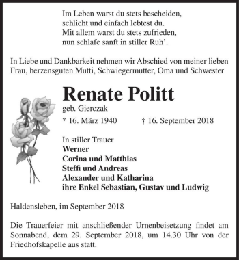 Traueranzeige von Renate Politt (geb. Gierczak)  von Magdeburger Volksstimme