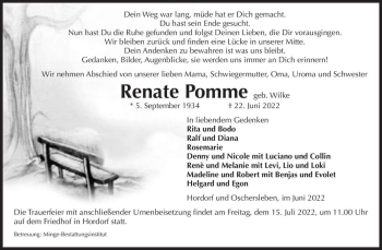 Traueranzeige von Renate Pomme (geb. Wilke)  von Magdeburger Volksstimme