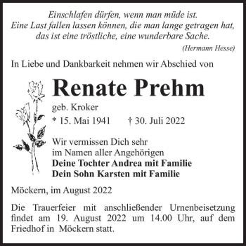 Traueranzeige von Renate Prehm (geb. Kroker)  von Magdeburger Volksstimme