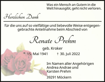 Traueranzeige von Renate Prehm (geb. Kroker)  von Magdeburger Volksstimme