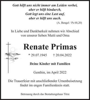 Traueranzeige von Renate Primas  von Magdeburger Volksstimme