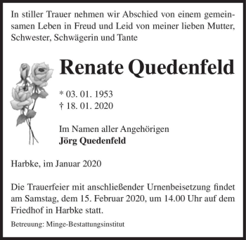 Traueranzeige von Renate Quedenfeld  von Magdeburger Volksstimme