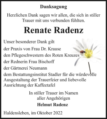 Traueranzeige von Renate Radenz  von Magdeburger Volksstimme