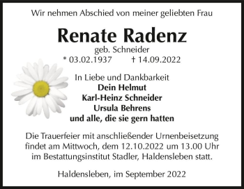 Traueranzeige von Renate Radenz (geb. Schneider)  von Magdeburger Volksstimme