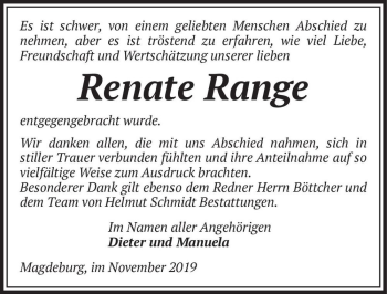 Traueranzeige von Renate Range  von Magdeburger Volksstimme