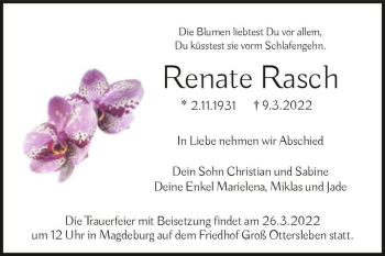 Traueranzeige von Renate Rasch  von Magdeburger Volksstimme