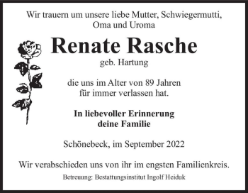 Traueranzeige von Renate Rasche (geb. Hartung)  von Magdeburger Volksstimme