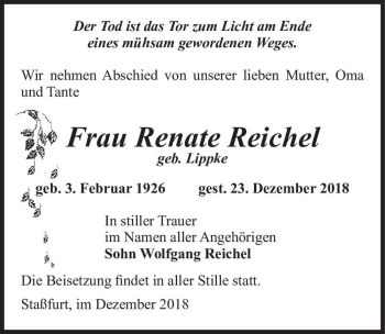 Traueranzeige von Renate Reichel (geb. Lippke)  von Magdeburger Volksstimme