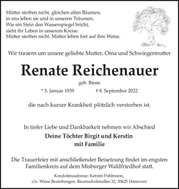 Traueranzeige von Renate Reichenauer (geb. Biene)  von Magdeburger Volksstimme