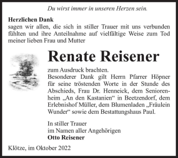 Traueranzeige von Renate Reisener  von Magdeburger Volksstimme